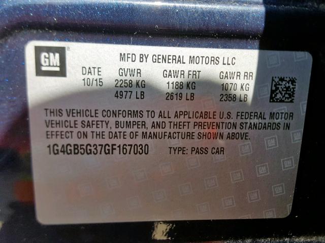 1G4GB5G37GF167030 - 2016 BUICK LACROSSE BLUE photo 10