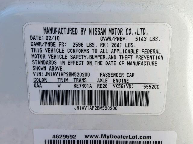 JN1AY1AP2BM520200 - 2011 INFINITI M56 WHITE photo 10