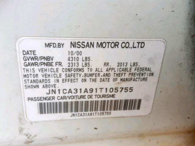 JN1CA31A91T105755 - 2001 NISSAN MAXIMA GXE WHITE photo 10