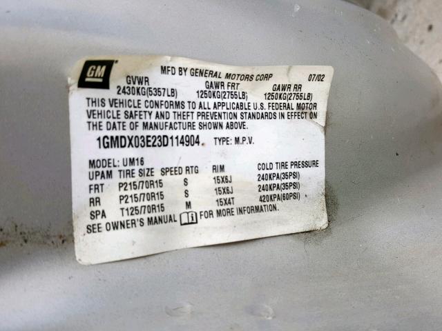 1GMDX03E23D114904 - 2003 PONTIAC MONTANA SILVER photo 10