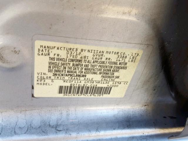 3N1CN7AP9CL896389 - 2012 NISSAN VERSA S GRAY photo 10