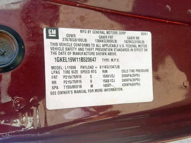 1GKEL19W11B520647 - 2001 GMC SAFARI XT MAROON photo 10