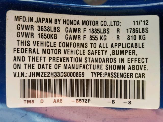 JHMZE2H33DS000859 - 2013 HONDA INSIGHT BLUE photo 10