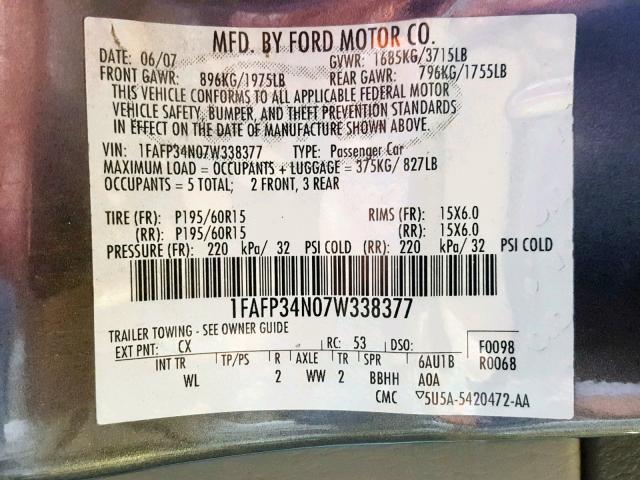 1FAFP34N07W338377 - 2007 FORD FOCUS ZX4 GRAY photo 10