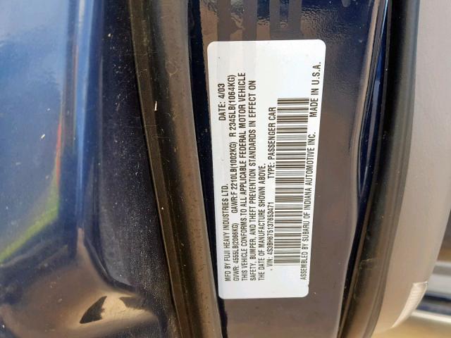 4S3BH675137653471 - 2003 SUBARU LEGACY OUT BLUE photo 10