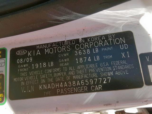 KNADH4A38A6597727 - 2010 KIA RIO LX WHITE photo 10