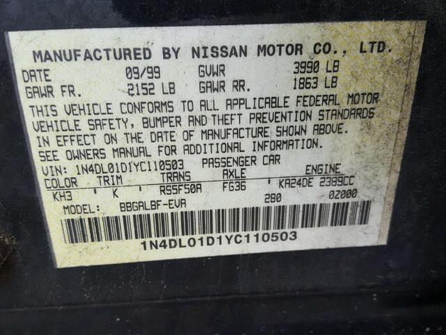 1N4DL01D1YC110503 - 2000 NISSAN ALTIMA XE BLACK photo 10