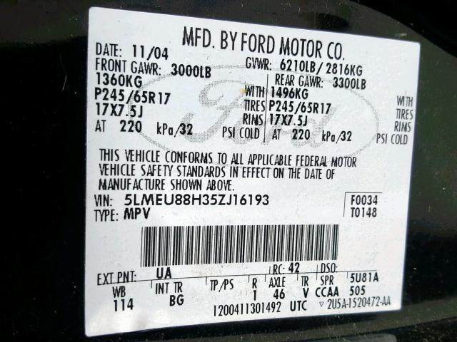 5LMEU88H35ZJ16193 - 2005 LINCOLN AVIATOR შავი ფოტო 10