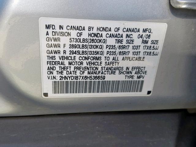 2HNYD187X6H536659 - 2006 ACURA MDX TOURIN GRAY photo 10