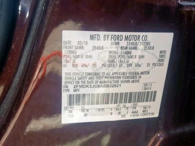 2FMDK3JC8ABB32621 - 2010 FORD EDGE SEL BURGUNDY photo 10