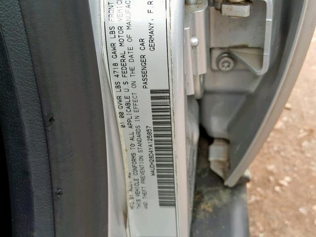 WAUDH28D4YA125857 - 2000 AUDI A4 2.8 QUA SILVER photo 10