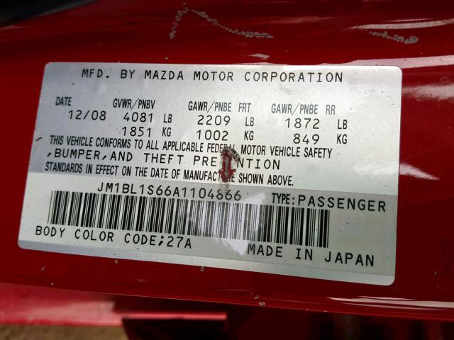 JM1BL1S66A1104866 - 2010 MAZDA 3 S RED photo 10