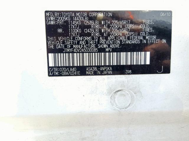 JTMYF4DV2A5030085 - 2010 TOYOTA RAV4 LIMIT WHITE photo 10