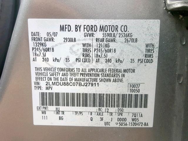 2LMDU88C07BJ27911 - 2007 LINCOLN MKX GRAY photo 10