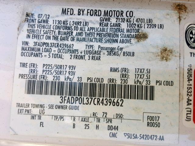 3FADP0L37CR439662 - 2012 FORD FUSION HYB WHITE photo 10