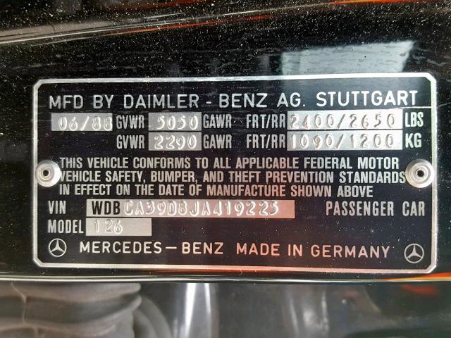 WDBCA39D8JA419225 - 1988 MERCEDES-BENZ 560 SEL BLACK photo 10