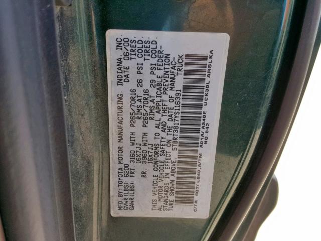 5TBRT3817YS116391 - 2000 TOYOTA TUNDRA ACC GREEN photo 10