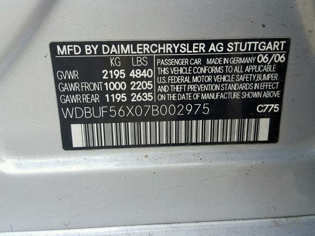 WDBUF56X07B002975 - 2007 MERCEDES-BENZ E 350 SILVER photo 10