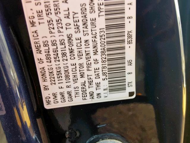 5J8TB18238A002531 - 2008 ACURA RDX BLUE photo 10