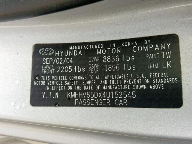 KMHHM65DX4U152545 - 2004 HYUNDAI TIBURON SILVER photo 10