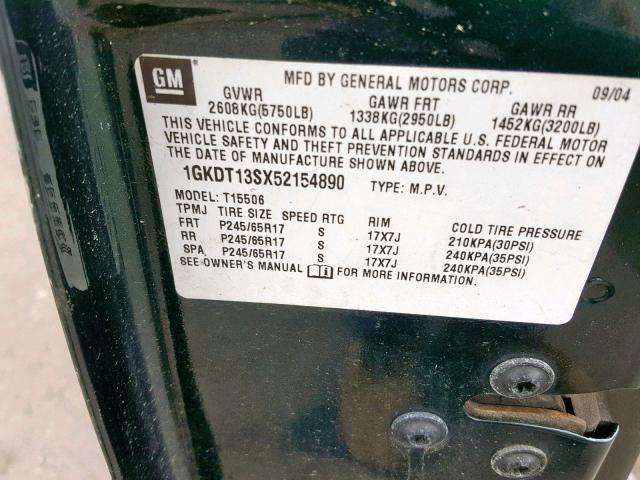 1GKDT13SX52154890 - 2005 GMC ENVOY GREEN photo 10