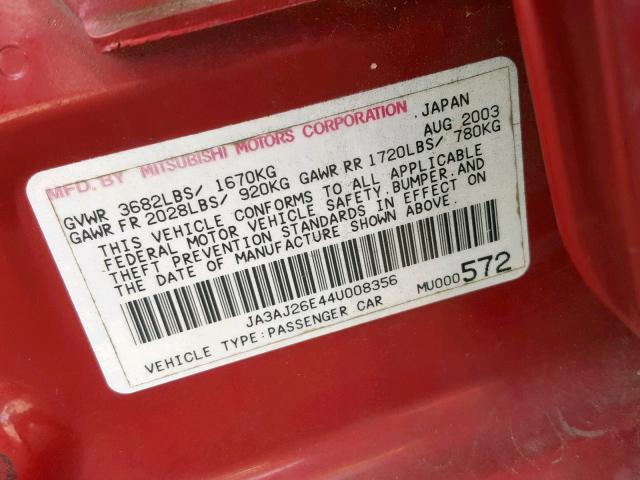 JA3AJ26E44U008356 - 2004 MITSUBISHI LANCER ES RED photo 10