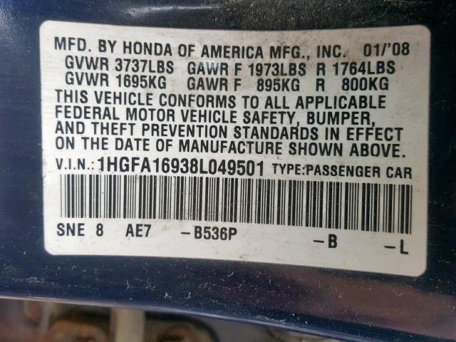 1HGFA16938L049501 - 2008 HONDA CIVIC EXL BLUE photo 10