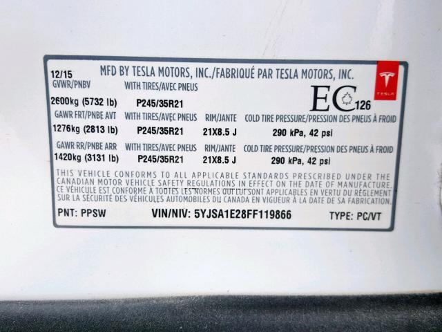 5YJSA1E28FF119866 - 2015 TESLA MODEL S თეთრი ფოტო 10