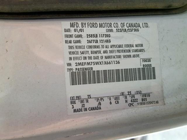 2MEFM75WX1X661136 - 2001 MERCURY GRAND MARQ SILVER photo 10