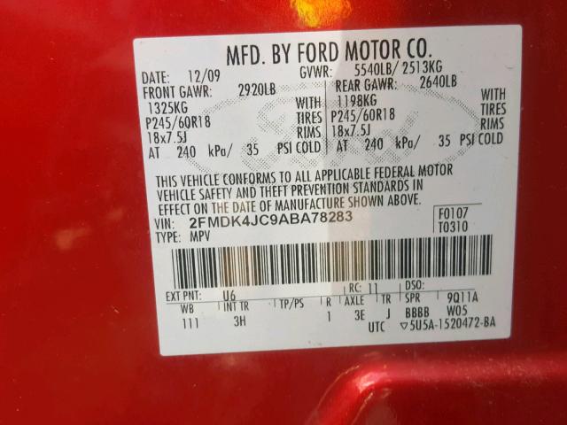 2FMDK4JC9ABA78283 - 2010 FORD EDGE SEL RED photo 10