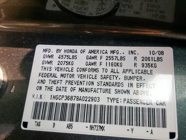 1HGCP36879A022903 - 2009 HONDA ACCORD EXL GRAY photo 10