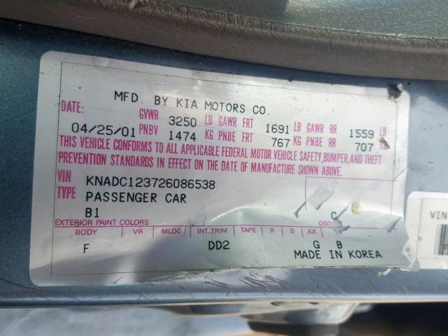 KNADC123726086538 - 2002 KIA RIO BLUE photo 10