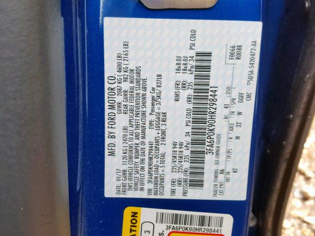 3FA6P0K90HR298441 - 2017 FORD FUSION TIT BLUE photo 10