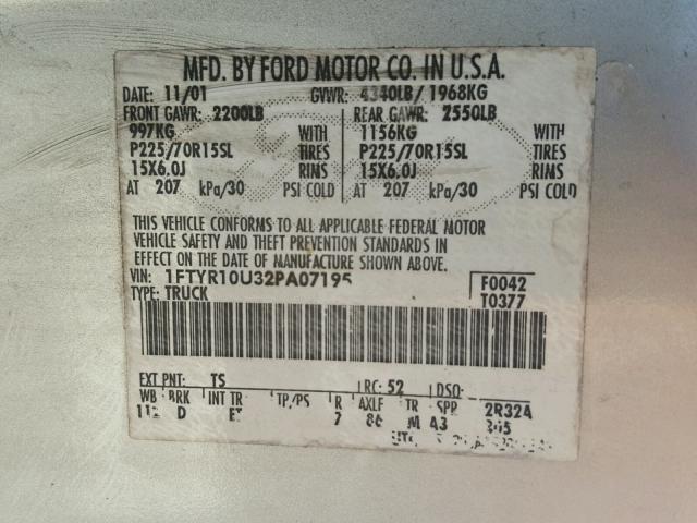 1FTYR10U32PA07195 - 2002 FORD RANGER SILVER photo 10