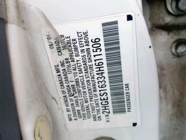 2HGES16334H611506 - 2004 HONDA CIVIC DX V WHITE photo 10