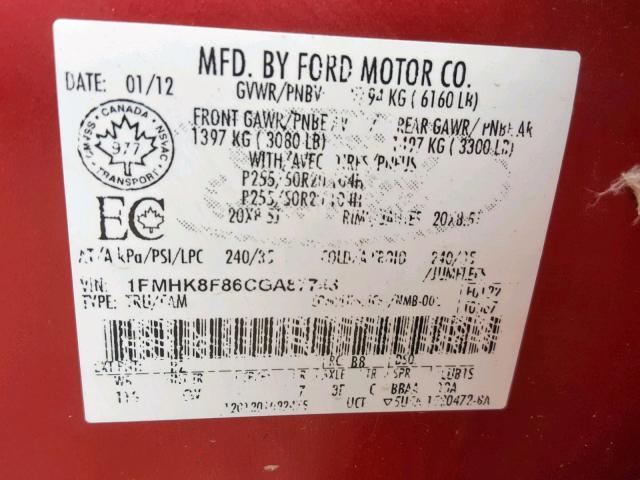 1FMHK8F86CGA87743 - 2012 FORD EXPLORER L RED photo 10