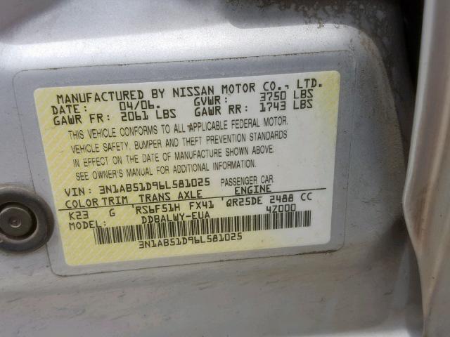 3N1AB51D96L581025 - 2006 NISSAN SENTRA SE- SILVER photo 10