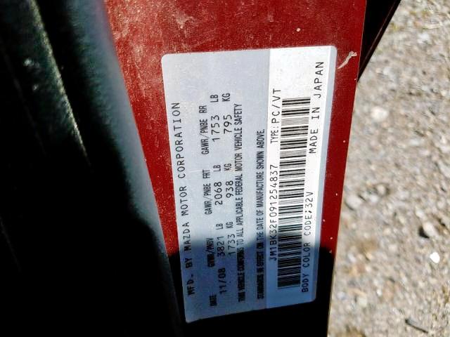 JM1BK32F091254837 - 2009 MAZDA 3 I RED photo 9