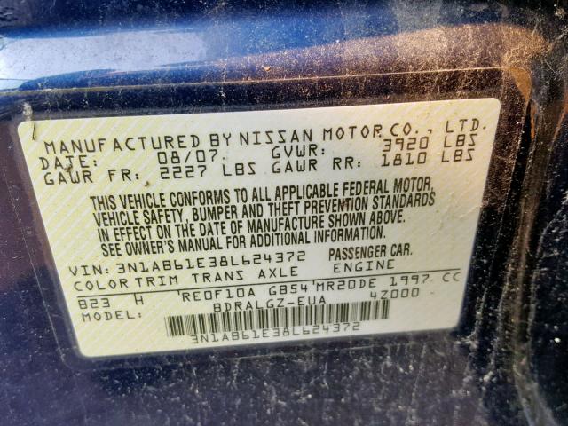 3N1AB61E38L624372 - 2008 NISSAN SENTRA 2.0 BLUE photo 10