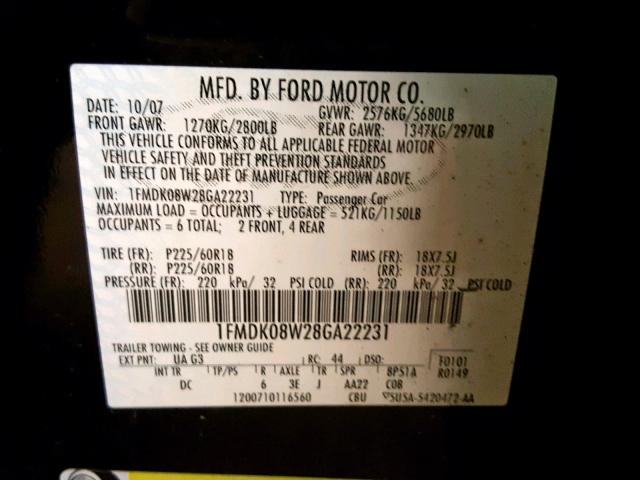 1FMDK08W28GA22231 - 2008 FORD TAURUS X E BLACK photo 10