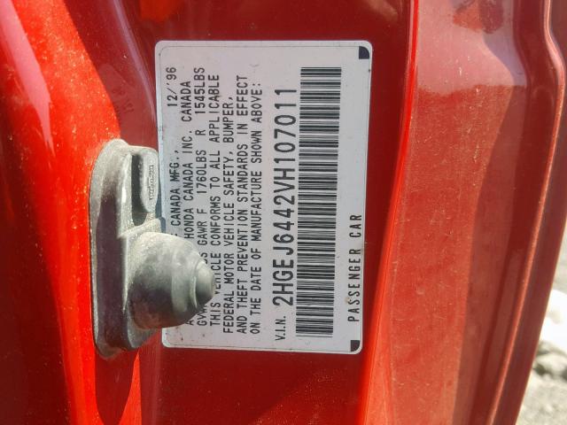 2HGEJ6442VH107011 - 1997 HONDA CIVIC DX RED photo 10