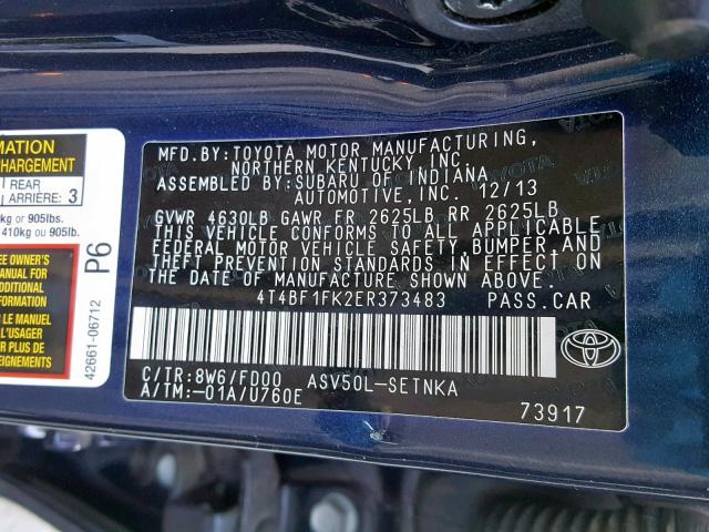 4T4BF1FK2ER373483 - 2014 TOYOTA CAMRY L BLUE photo 10