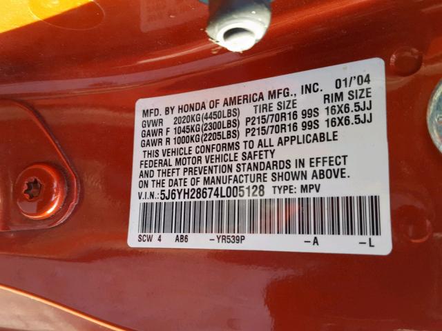 5J6YH28674L005128 - 2004 HONDA ELEMENT EX ORANGE photo 10