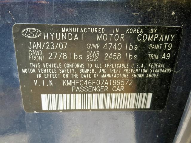 KMHFC46F07A199572 - 2007 HYUNDAI AZERA SE BLUE photo 10