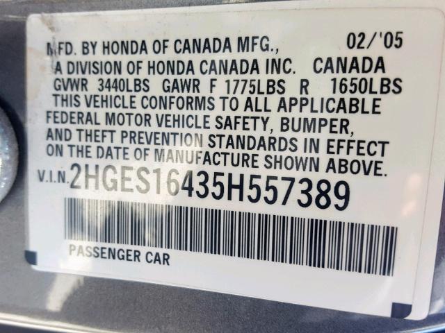 2HGES16435H557389 - 2005 HONDA CIVIC DX GRAY photo 10