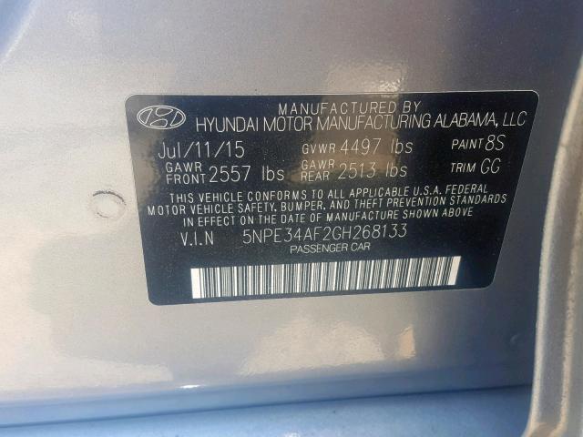 5NPE34AF2GH268133 - 2016 HYUNDAI SONATA SPO SILVER photo 10