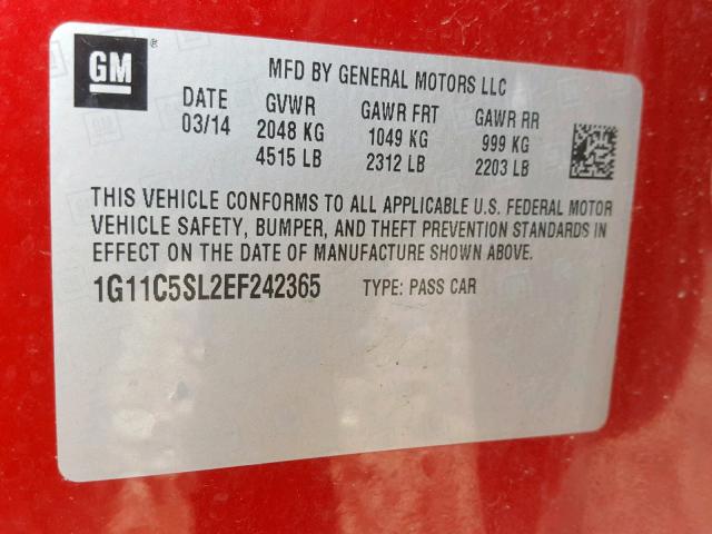 1G11C5SL2EF242365 - 2014 CHEVROLET MALIBU 1LT RED photo 10