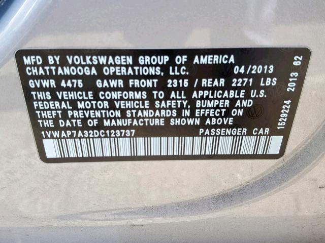 1VWAP7A32DC123737 - 2013 VOLKSWAGEN PASSAT S SILVER photo 10