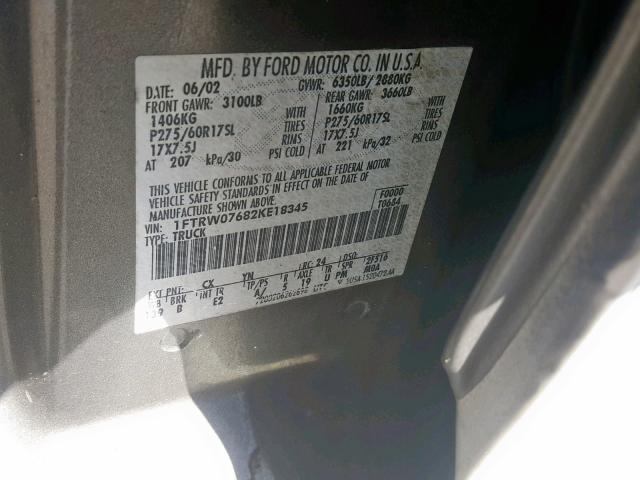 1FTRW07682KE18345 - 2002 FORD F150 SUPER GRAY photo 10