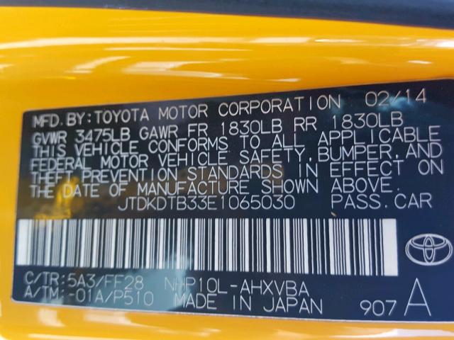 JTDKDTB33E1065030 - 2014 TOYOTA PRIUS C YELLOW photo 10